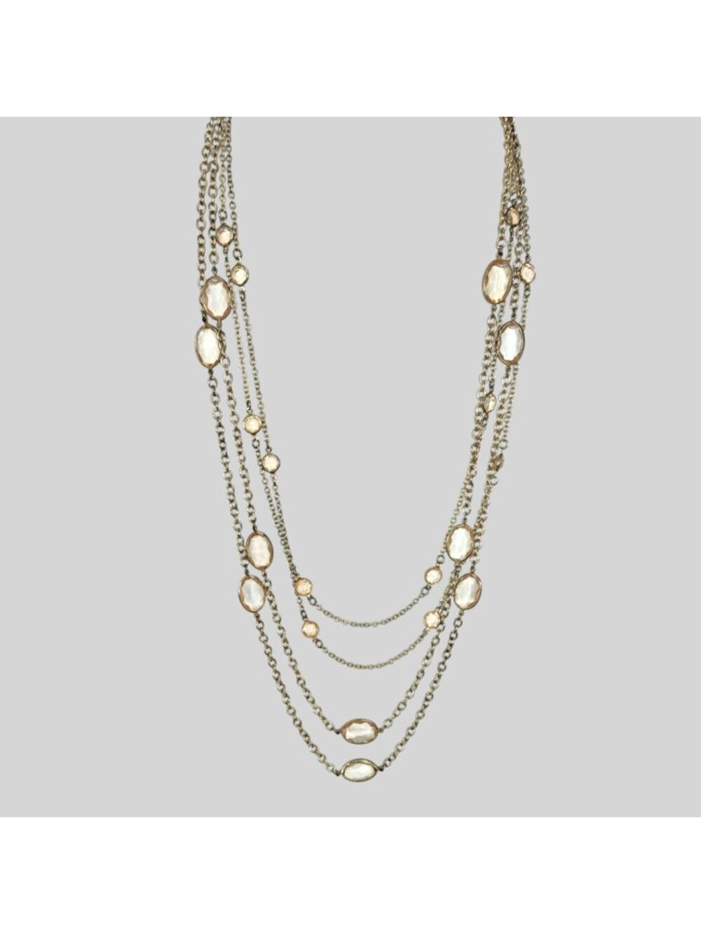 Long Gold 4-strand Necklace with Assorted Sized Clear Crystal Stones 26.5"